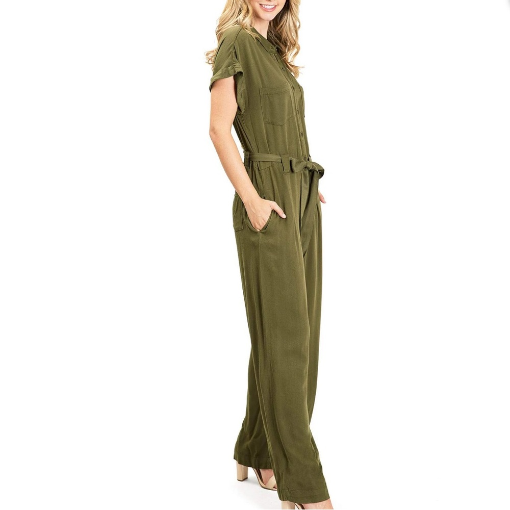 Sneak Peek Olive Green Button-Front Wide-Leg Jumpsuit - Picture 2 of 4